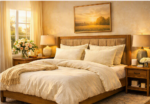 Firm wool pillow on bed in a bright bedroom