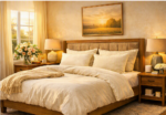 Soft wool pillow on bed in a cozy bedroom setting