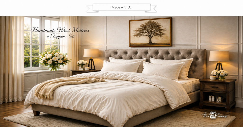 ECO Pure wool mattress topper with organic cotton fabric handcrafted in the USA